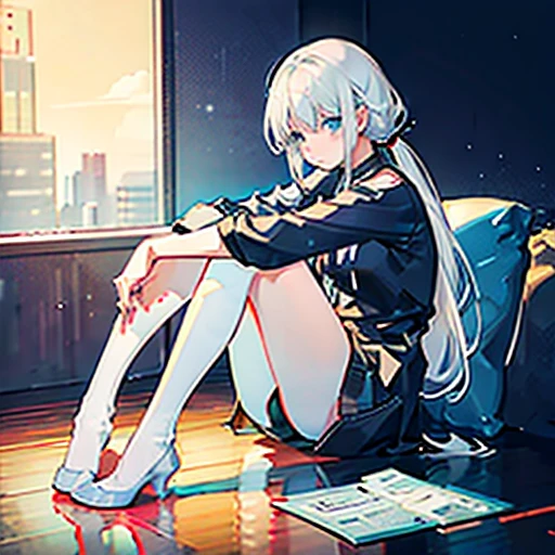 White-haired ponytailed girl,Legs arched,Sit on the floor,Head on knees