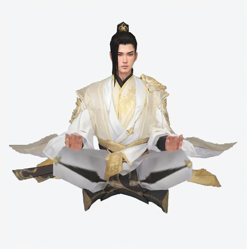 arafed image of a man in a white robe sitting on a chair, heise jinyao, zhao yun, xianxia hero, full body wuxia, t-pose of male magic wizard, inspired by Dong Yuan, inspired by Zhao Mengfu, white daoist robes, inspired by Guan Daosheng