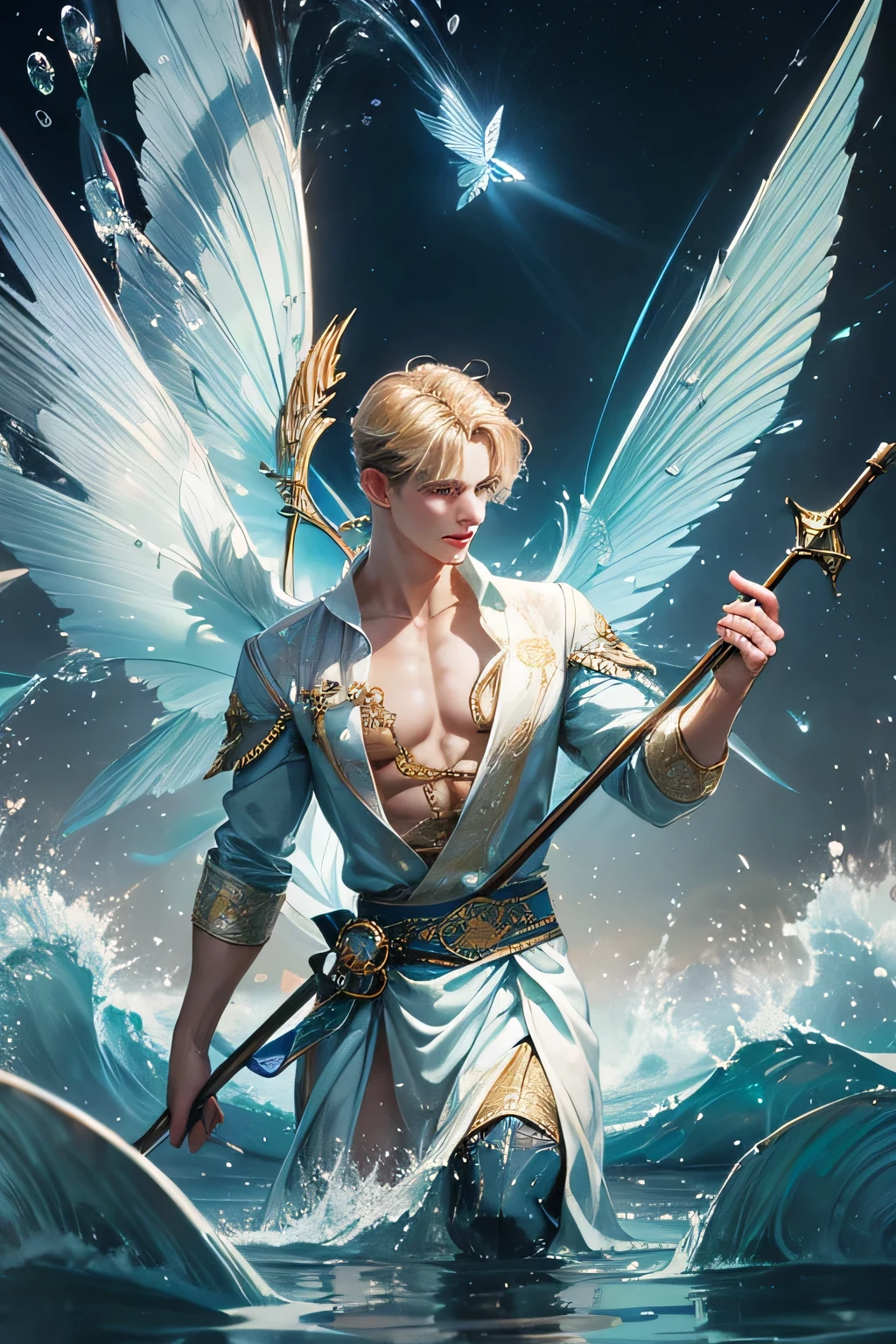 "Craft a captivating digital illustration featuring a handsome male fairy adorned with magnificent, iridescent wings reminiscent of glistening water droplets. Highlight his command over the element of water with cascading waves and gentle ripples flowing around him, evoking a sense of serene power. Incorporate a distinct water fairy symbol, holding an mystic ancient trident water staff, emblazoned upon him, symbolizing his connection to the watery depths and mastery over aquatic forces."