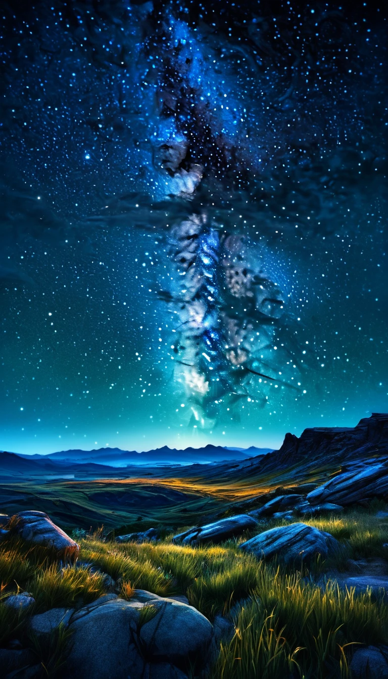 Starry sky (painterly style), Realistic, highly realistic, Attention to detail, Breathtakingly realistic, High contrast realism, High saturation realism, Soothing colors, Dramatic lighting, Fascinating landscape, Persuasive storytelling, Emotional scenery, Captivating visuals, Intricate details, Strong emotions, Heavenly beauty, Dreamlike world