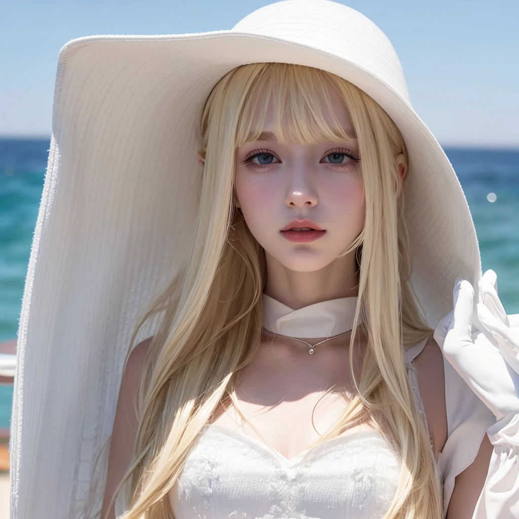Solo, A with long blonde hair and black eyes , have bangs, wearing white dress with puffed sleeve and white gloves, wearing a white hat and at the beach , on a yacht