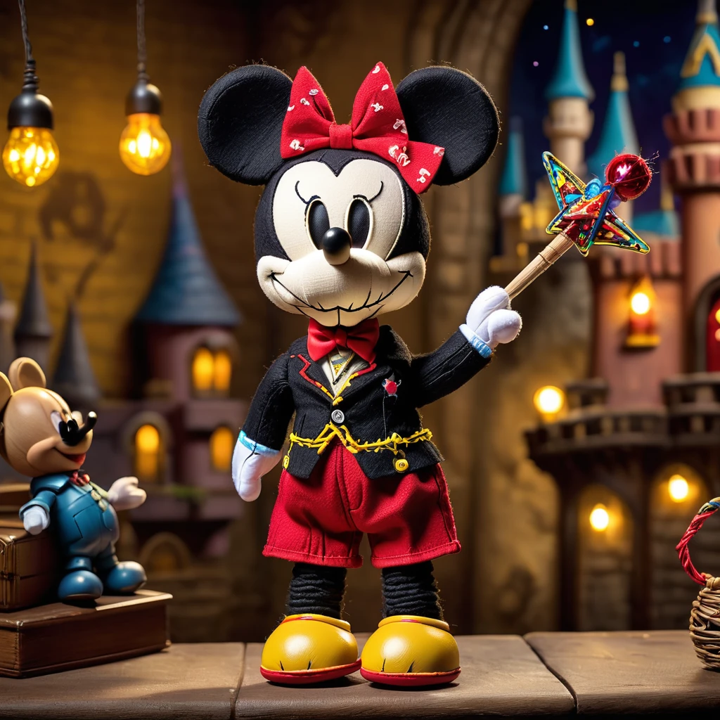 (knitted toy voodoo doll:1.9), (voodoo Mickey Mouse:1.3), (Clothing: classic Mickey Mouse outfit with red shorts, yellow shoes, white gloves:1.0), (Accessories: small magic wand, mouse ears:1.1), (background: Disneyland with castle and colorful lights:1.2), best quality, masterpiece, detailed soft oil painting, detailed background, dramatic cinematic lighting, soft edge lighting, professional, dramatic lighting, hard edge lighting, ultra quality, 4k, masterpiece, best quality, 8k, ultra high definition, high resolution, extremely detailed