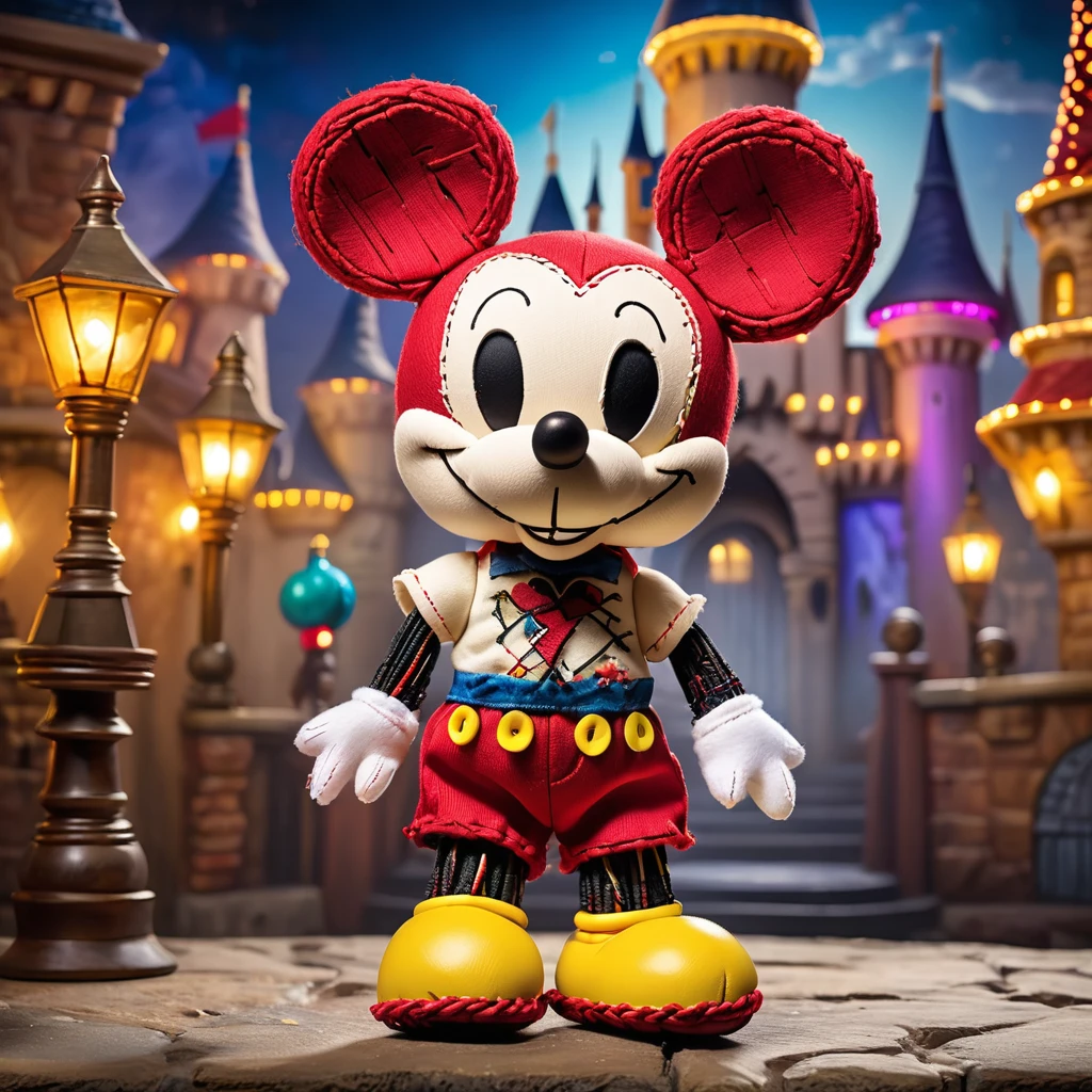 (knitted toy voodoo doll:1.9), (voodoo Mickey Mouse:1.3), (Clothing: classic Mickey Mouse outfit with red shorts, yellow shoes, white gloves:1.0), (Accessories: small magic wand, mouse ears:1.1), (background: Disneyland with castle and colorful lights:1.2), best quality, masterpiece, detailed soft oil painting, detailed background, dramatic cinematic lighting, soft edge lighting, professional, dramatic lighting, hard edge lighting, ultra quality, 4k, masterpiece, best quality, 8k, ultra high definition, high resolution, extremely detailed