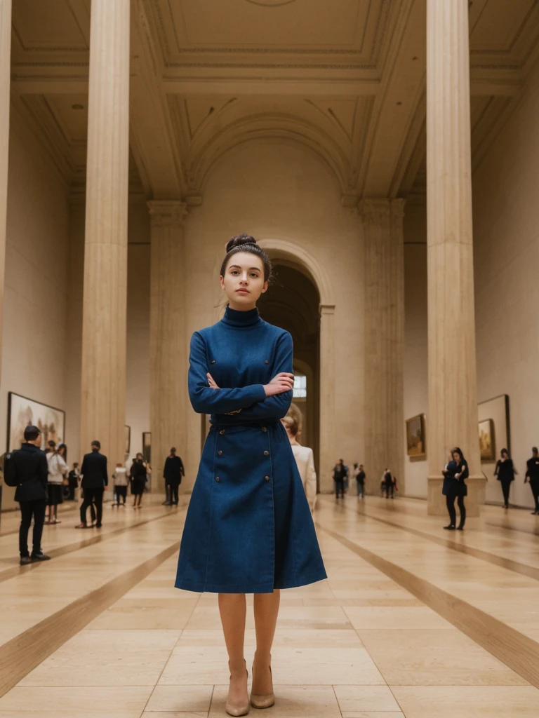 her name is Amelie, high quality, 1girl, ((20-year-old fit Caucasian woman)), ((20 years old)), ((fit)), ((Half-Up Bun dark hair)), pose: standing, wearing stylish fashionable Generation-Z modern wear colored, BACKGROUND: "Inside the Metropolitan Museum of Art, with its vast collection of art spanning ancient to contemporary, elegant galleries