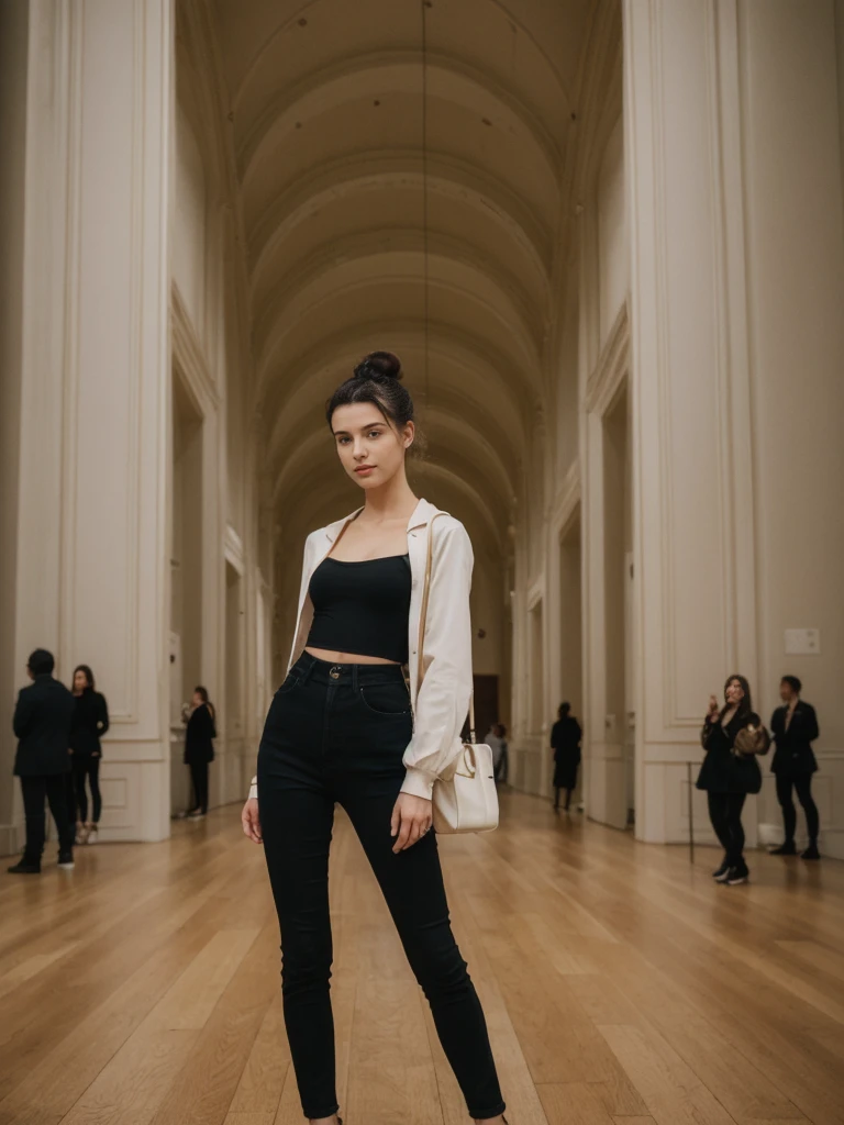 her name is Amelie, high quality, 1girl, ((20-year-old fit Caucasian woman)), ((20 years old)), ((fit)), ((Half-Up Bun dark hair)), pose: standing, wearing stylish fashionable Generation-Z modern wear colored, BACKGROUND: "Inside the Metropolitan Museum of Art, with its vast collection of art spanning ancient to contemporary, elegant galleries