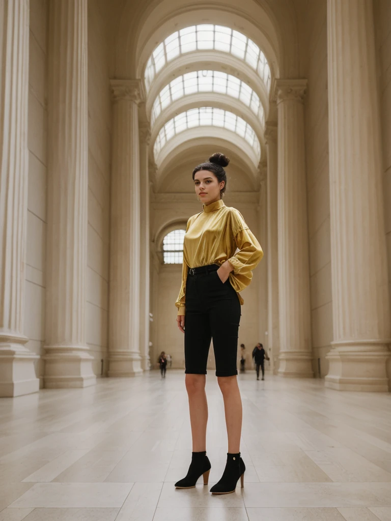 her name is Amelie, high quality, 1girl, ((20-year-old fit Caucasian woman)), ((20 years old)), ((fit)), ((Half-Up Bun dark hair)), pose: standing, wearing stylish fashionable Generation-Z modern wear colored, BACKGROUND: "Inside the Metropolitan Museum of Art, with its vast collection of art spanning ancient to contemporary, elegant galleries