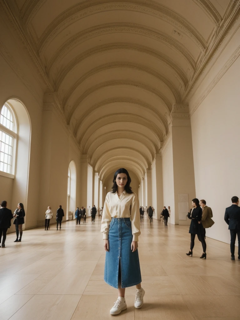 her name is Amelie, high quality, 1girl, ((20-year-old fit Caucasian woman)), ((20 years old)), ((fit)), ((Half-Up Bun dark hair)), pose: standing, wearing stylish fashionable Generation-Z modern wear colored, BACKGROUND: "Inside the Metropolitan Museum of Art, with its vast collection of art spanning ancient to contemporary, elegant galleries