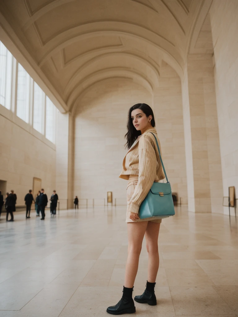 her name is Amelie, high quality, 1girl, ((20-year-old fit Caucasian woman)), ((20 years old)), ((fit)), ((Half-Up Bun dark hair)), pose: standing, wearing stylish fashionable Generation-Z modern wear colored, BACKGROUND: "Inside the Metropolitan Museum of Art, with its vast collection of art spanning ancient to contemporary, elegant galleries