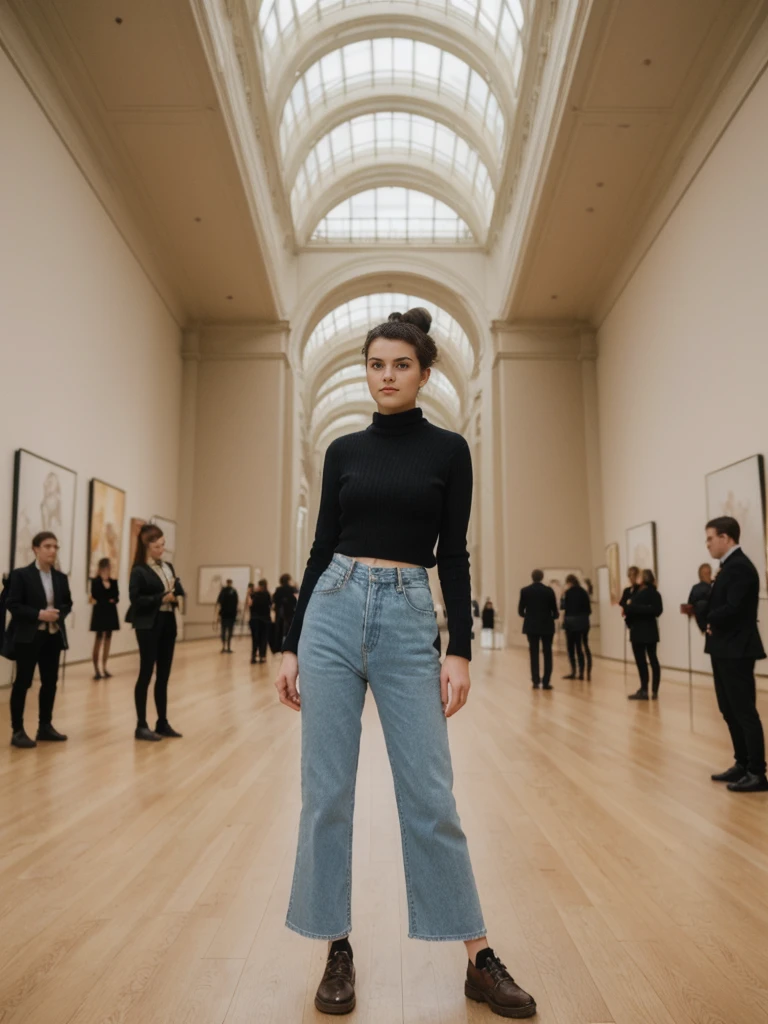 her name is Amelie, high quality, 1girl, ((20-year-old fit Caucasian woman)), ((20 years old)), ((fit)), ((Half-Up Bun dark hair)), pose: standing, wearing stylish fashionable Generation-Z modern wear colored, BACKGROUND: "Inside the Metropolitan Museum of Art, with its vast collection of art spanning ancient to contemporary, elegant galleries