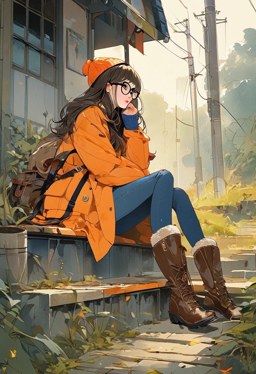 znchn style、formal、masterpiece、Beautiful poop、High contrast、art、Sexy lone girl waiting for lover、Portraiture、Long coat、Knee-high boots、socks、Sit、Place your hands between your legs、Brown haired、Blunt bangs、Long hair to the shoulders、bag、Lips Eyelashes、forest、Blue sweater、Glasses、Orange jacket、investigation、Delicate colors、profile、Delicate colors、post grunge、コンセプトart、Paint splashes、Intricate details。Extremely detailed and finely grained、artステーションのトレンド、Jothan Gonzalez and Rop、James Jean、Victon Guy、David Rabun、Mike Mignola、Laurie Lee、Tabletop、Highest quality、