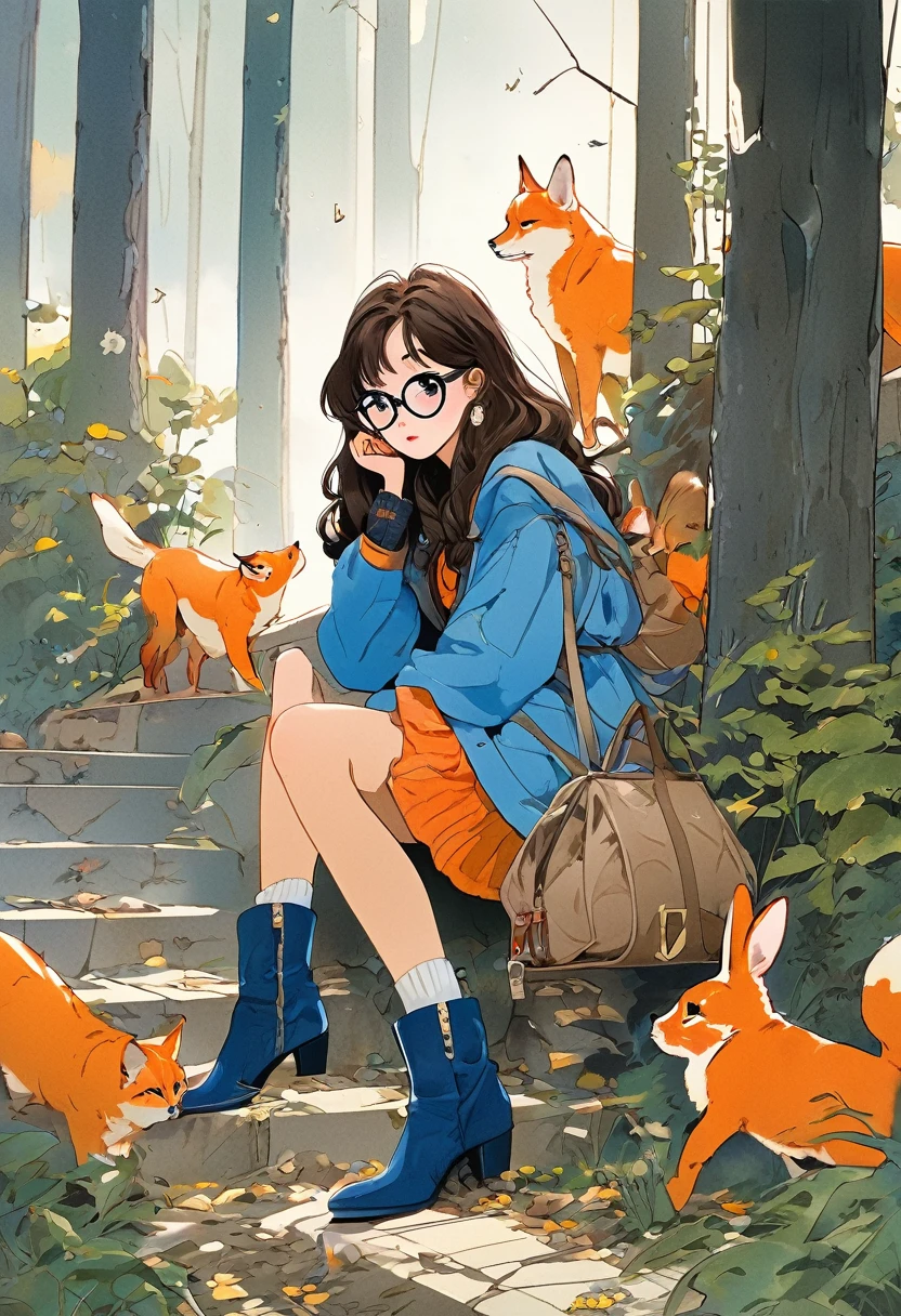 znchn style、formal、masterpiece、Beautiful poop、High contrast、art、Sexy lone girl waiting for lover、Portraiture、Long coat、Knee-high boots、socks、Sit、Place your hands between your legs、Brown haired、Blunt bangs、Long hair to the shoulders、bag、Lips Eyelashes、forest、Blue sweater、Glasses、Orange jacket、investigation、Delicate colors、profile、Delicate colors、post grunge、コンセプトart、Paint splashes、Intricate details。Extremely detailed and finely grained、artステーションのトレンド、Jothan Gonzalez and Rop、James Jean、Victon Guy、David Rabun、Mike Mignola、Laurie Lee、Tabletop、Highest quality、