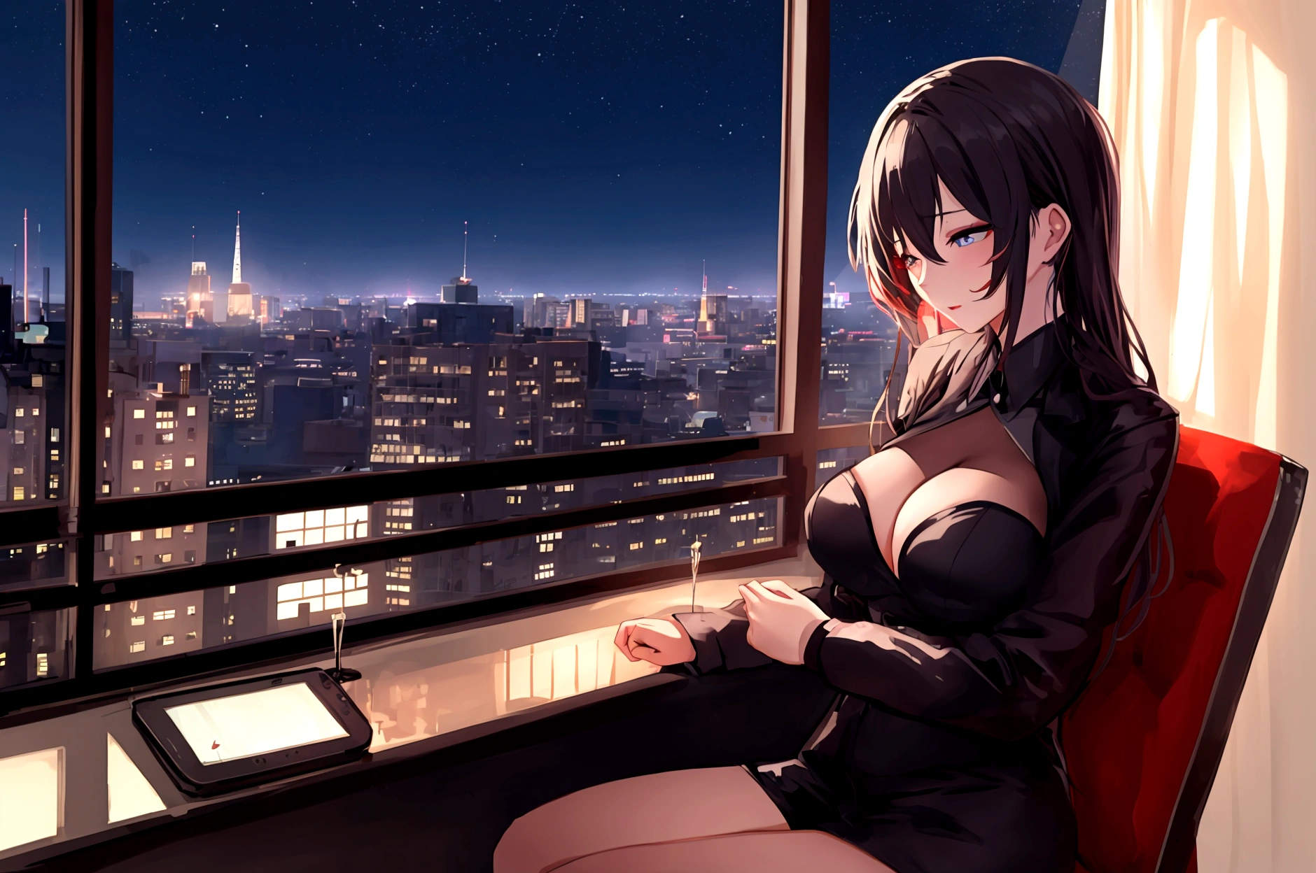 A sexy girl is sitting in a chair by the window, blinking her eyes and listening to music. Outside the window is a night city.