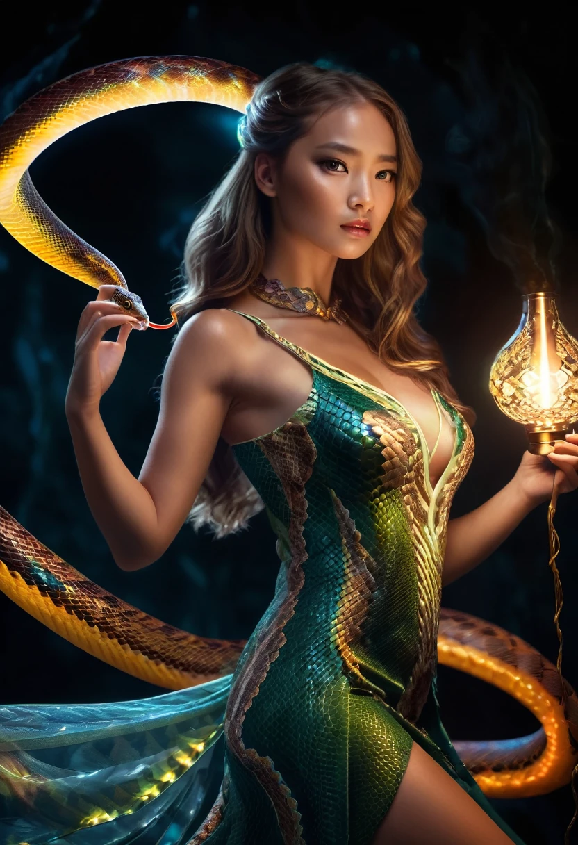 (a glowing snake:1.75), a girl wearing a dress, lighting, fantasy, black background, high detail, cinematic, full color