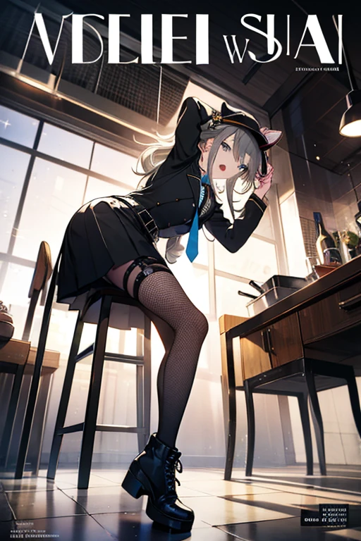 (from below:1.2),(Beautiful Allafed Woman),(((emphasizing breasts:1.0))),(Dynamic angles),(Dynamic and sexy bending pose:1.3),(sit a chair:1.3),(masterpiece:1.2), (Military uniform magazine cover:1.4),best quality,PIXIV,Sweet girl , sexy posture,1girl, (perky chest:1.2), rolling upskirt by wind:1.6, (with sparkling eyes and a contagious smile),open mouth, (pointed chest:1.2),fishnets, black hair, boots, long hair, black nails, skirt, shirt, solo, black footwear, bag, black skirt, jewelry, sitting, jacket, on head, black jacket, thigh strap, bangs, necktie, earrings, nail polish, white shirt, fishnet pantyhose, pantyhose, platform footwear, multicolored hair, looking at viewer, full body, bottle, own hands together, belt, jacket on shoulders, food, animal on head, black necktie, ring, choker, english text, collared shirt, blue eyes, platform boots, hat, cross-laced footwear, lace-up boots ,A scene of cooking in the kitchen
