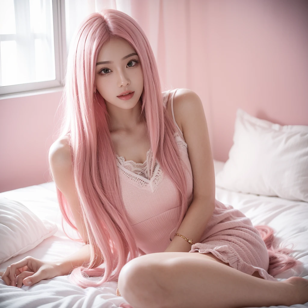 Beautiful girl with long pink hair wearing a mask sits on the bed and licks her fingers