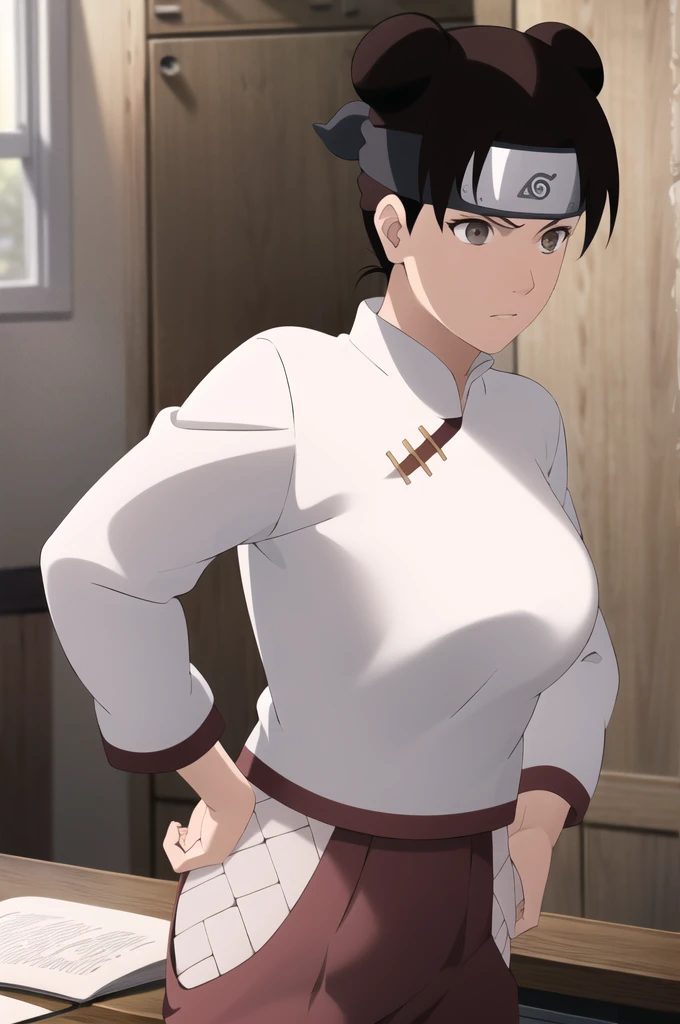 masterpiece, absurdres , (intricate details), (colorful),cinematic lighting,bust shot,extremely detailed CG unity 8k wallpaper,tenten\(shippuden\), 1girl, solo, hakama pants,white shirt, medium breasts, hand on hip,forehead protector, konohagakure symbol, headband, indoors, bedroom, desk, leaning on desk, hands on desk, naked, big breasts, vagina, bottomless, topless