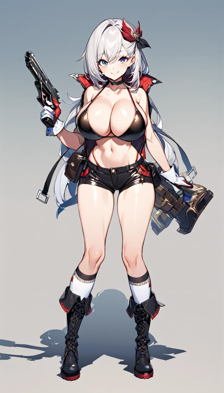 girl,big breasts,Bikini Tops,hot pants,gloves,smile,boots,Knee-high socks,full body Shot,hand pistol,