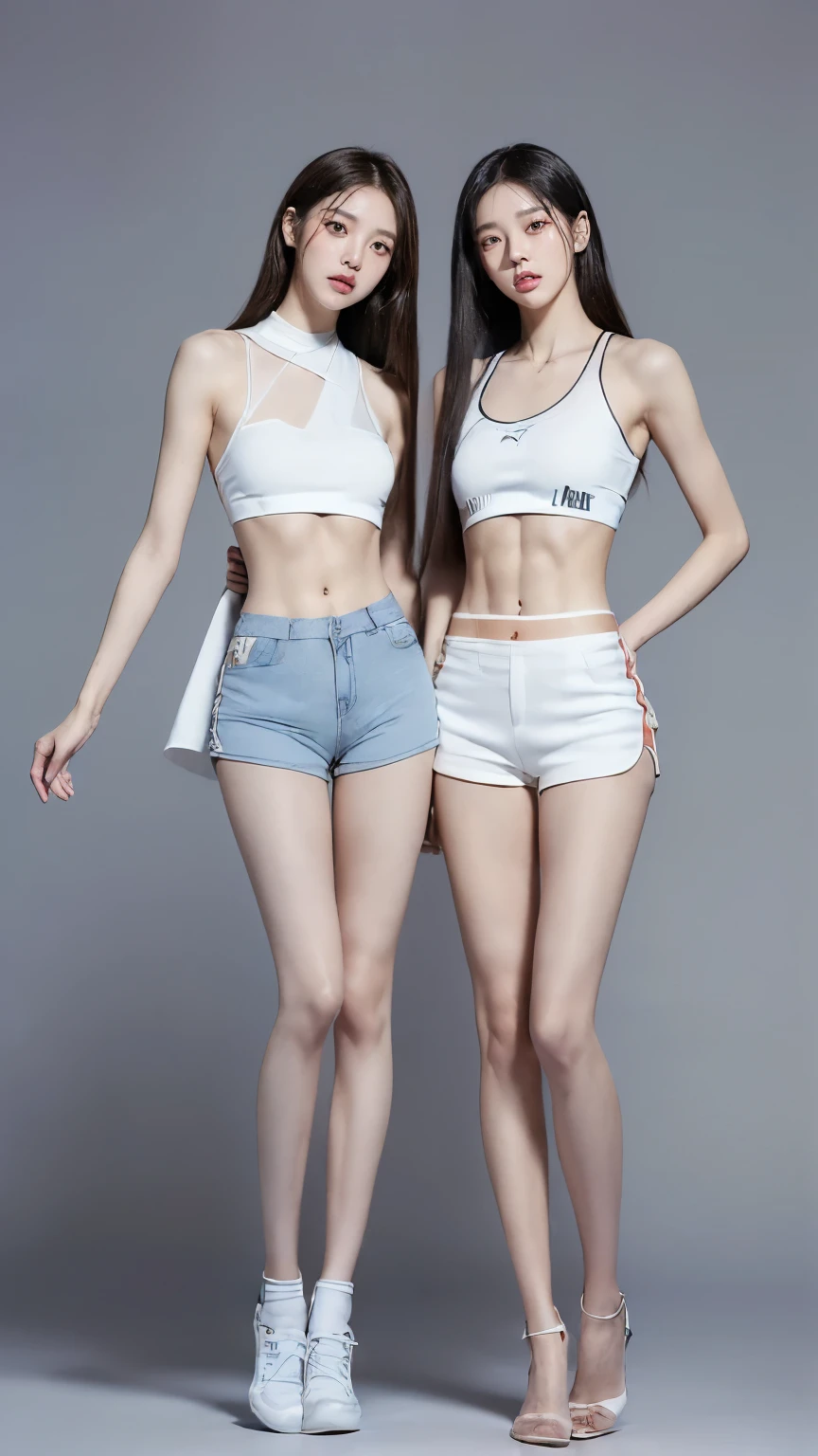 (8K、Raw photo、最high quality、masterpiece:1.5),(((((((Both of them stand with their legs apart:1.9))))))),(((((Both of them have an inseam that is more than half their height.:1.8))))),((Both have bare legs:1.6)),((Both of them are super slim:1.4))，(((((Two girls who look just like WONYOUNG from the k-pop group IVE were photographed:1.9))))),(((They both have super skinny legs:1.6))),(((Both are 173cm tall:1.4))),((Perfect k-pop IVE WONYOUNG style duo:1.4)),(((((Both of them take full body shots:1.8))))),((((Both of you should face your whole body straight ahead.:1.8)))),(((Photographed from below to show the whole body of the legs so that they look longer.:1.7))),Skin irregularities are reproduced in minute detail:1.4, (Super thin waist: 1.2),((超Thin thighs:1.3)), Thin buttocks,Open the navel,１Detailed reproduction of the navel,((Perfect super slim legs:1.3)),(((both of them are the same height:1.3))),(((Both of them have amazingly slim figures.:1.2))),(((Both are wearing micro shorts with a rise of 15cm and an inseam of 1cm.:1.8))),(Both are ************:1.2),((((Both of them are extremely exposed.:1.7)))),(((((Both of them have super-strong abs:1.9))))),((Both of them were wearing short, form-fitting white sports bras.:1.4)),(((Big boobs but no bra:1.4))),(((Both of them had high, erect nipples clearly visible protruding from under their white sports bras.:1.4))),((((Standing in a fashionable theme park on a sunny day:1.4)))),Highly detailed face and skin texture,(Both of you stand with your legs straight and without bending your knees.:1.3),(((They&#39;re both the same height:1.4))),((Both of them look just like WONYOUNG from the K-pop idol IVE.:1.8)), ((((Sunny afternoon:1.3)))),((cute:1.4)),Both are fair-skinned Asians,,Both of them have beautiful eyes,,Both of them have beautiful eyes,,Both of them have beautiful noses, which are realistically reproduced.,Both of them have realistic eyes.,Both have beautiful mouths,((They both have beautiful fingers)),nail,Both of them have beautiful faces.,Both of their beautiful faces are realistically reproduced.,cute,(Ultra-Realistic Details), Natural Shadows,(Very small hips:1.4),Large firm breasts, Super long thighs,(((超Thin thighs:1.2))),(((Super slim calves))),(Both of them have the slender bodies of well-trained track and field athletes.:1.5),(Super muscular body:1.5),Super toned waist,(Super thin waist:1.3),((White high heels:1.2)),lengthen limbs,(((((Shooting the whole body from calf height:1.6))))),(Both of them have slim, toned ankles.:1.2),((((Wide open abdomen:1.5)))),Hands on hips,Both of them face forward,((Both figures have detailed and clear reproduction of the crotch area.)),((Super long legs:1.3)),Thin thighs,((Both of them have bare legs.:1.6)),((Both of them are showing off their legs in a very extreme way.:1.5),((Both of them are showing off their bellies in an extremely extreme way.:1.4),(Black hair ponytail),(Neither of them wears tights or socks.:1.5),((Both of them stand up straight.)),((Keep your hips facing forward:1.5)),2人とも8頭身スタイルBeauty,The ankles are super thin,The arms are very thin and muscular,Make your arms thinner,(((Clearly reproduces the skin texture of the legs down to the finest detail))),Faithfully reproducing the fingers of the hand,(Both of them have super long legs.),(Accurate reproduction of each finger:1.3),(((Each toe is accurately reproduced:1.2))),The middle of the thighs are very thin,(((Clearly reproduces the muscle texture of ultra-muscular and ultra-thin calf skin))),(((超筋肉質な超Thin thighsの肌の筋肉質感を明確に再現する))),(Very tight waist:1.2),((Both of them have an inseam that is more than half their height.の美脚:1.6)),(Extremely thin thighs:1.3),Beauty,Fine skin,Firm skin,(((Both of them should fit from the top of their heads to the toes of their heels.:1.5))),(((They both have super skinny legsの肌を細部まで忠実に再現する))),(Both of them are super muscular and have super thin legs with realistic skin.:1.3),((Realistically reproduces the fine details of toned, slender leg skin:1.3)),((Dazzling Midsummer)),(((Both of them have super-strong quadriceps:1.6))),(((Both of them have extremely well-trained gastrocnemius and soleus muscles.:1.6))),((2人とも超細くてSuper long legs:1.2)),Front lighting,Super detailed, High detail, high quality, Awards,High resolution,(Anatomically correct:1.5)　