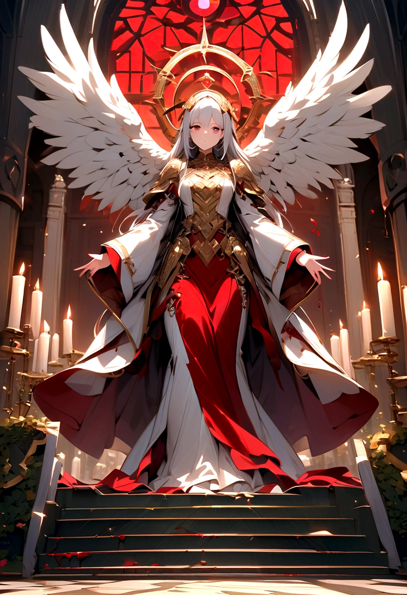 (a female angel statue),(wearing a long white robe:1.1),(the robe is stained with blood:0.9),(standing on a circular stone pedestal),(inside a church),(the angel has a pair of angel wings growing on its back),(surrounded by many lit candles),(blood stains are everywhere),(the angel's face is streaming with two lines of bloody tears)。 (blood-stained),(blood-soaked statue),(blood covering all stature), blood dripping from wings), (weeping blood),(serene expression),(majestic),(detailed facial features),(tall stature),(stature made of stone),(statue made of alabaster),(white statue)(angelic),(elegant),(gazing upwards),(golden halo:1.1),(soft illumination),(shadows playing on the marble),(crimson red),(melancholic atmosphere),(sombre lighting),(stainedglass windows),(solemn),(holy atmosphere:1.1),(subtle emotions),(mysterious aura),(divine guard),(sacred),(tragic beauty:1.1)。(highres:1.2) Due to the large randomness of the output of Stable Diffusion for character titles，We need to describe the facial features of the character、details such as the color of the clothing。The female angel is both the subject of the picture，It is also the most critical element。Other details don't just add to the level of detail，It can also add more storytelling and artistry to the generated images。