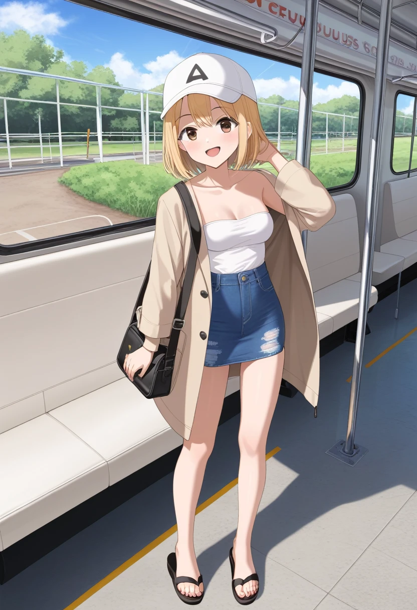 blonde-red shoulder length hair girl, medium round breasts, ((standing near bus seat)), smiling, (white cap, beige jacket, black triangle strapless, black denim pencil mini skirt, sandals ), anime illustration