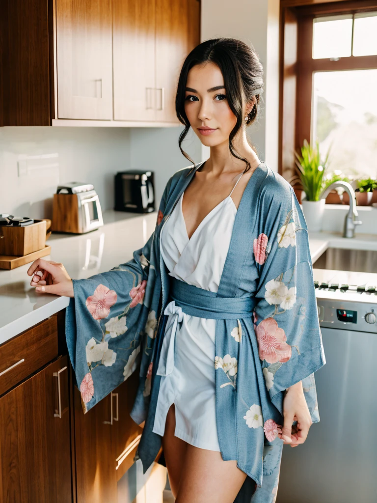 Woman dressed in Kimono in the kitchen