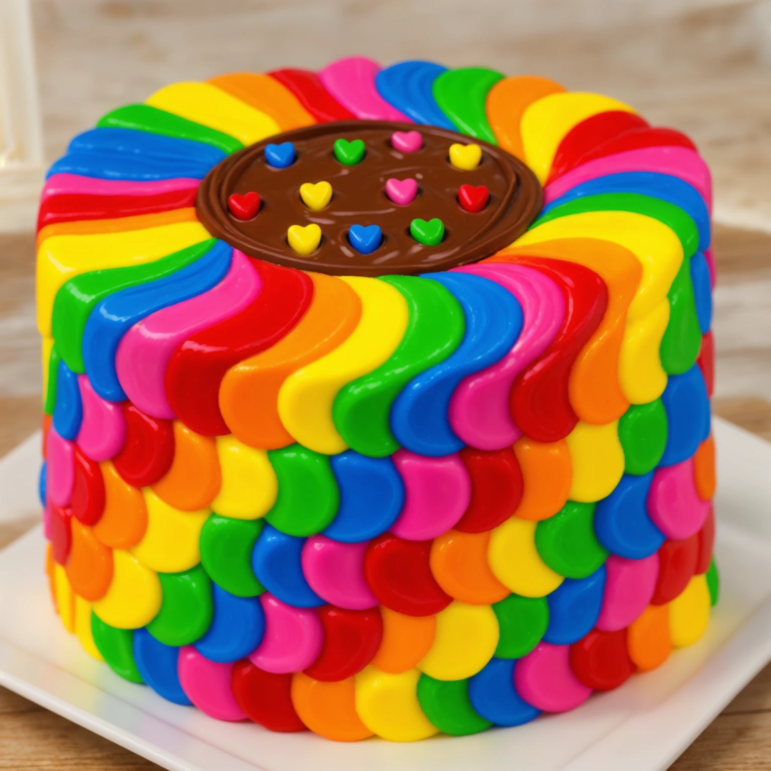 on a wooden table. there is a square white plate. rainbow cream cake. smears of cream in a checkerboard pattern, hole with chocolate drips on top, ((cream highlights)), against the background of the kitchen, window in the background, vases with plants, Fruit basket, Beautiful light from the window, contour light, Multiple light sources, beautiful sunlight, Bright light source, bright lighting, beautiful light sources, Multiple light sources, Realistic style , realistic texture, detailed texture, A high resolution, high quality, macro photography
