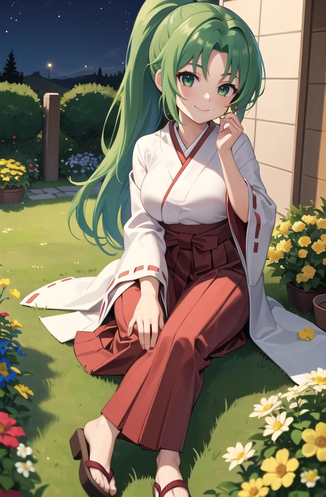 (masterpiece, best quality, detailed), 1girl, solo, Mion Sonozaki, green hair, green eyes, ponytail,
miko, japanese clothes, red hakama, hakama skirt, wide sleeves, white kimono, ribbon trim, outdoors, garden, grass, night, yellow flower, flower pot, indian style, hands on feet, smile, closed mouth