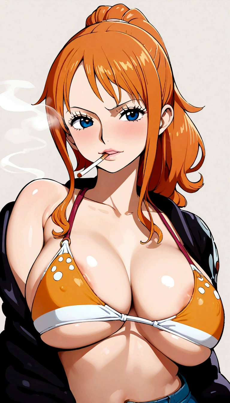 a cartoon picture of a woman in a bikini top and jeans, nami one piece, nami from one piece, nami, beautiful portrait of nami, from one piece, oppai, blue eyes, smoking, ponytail, nsfw