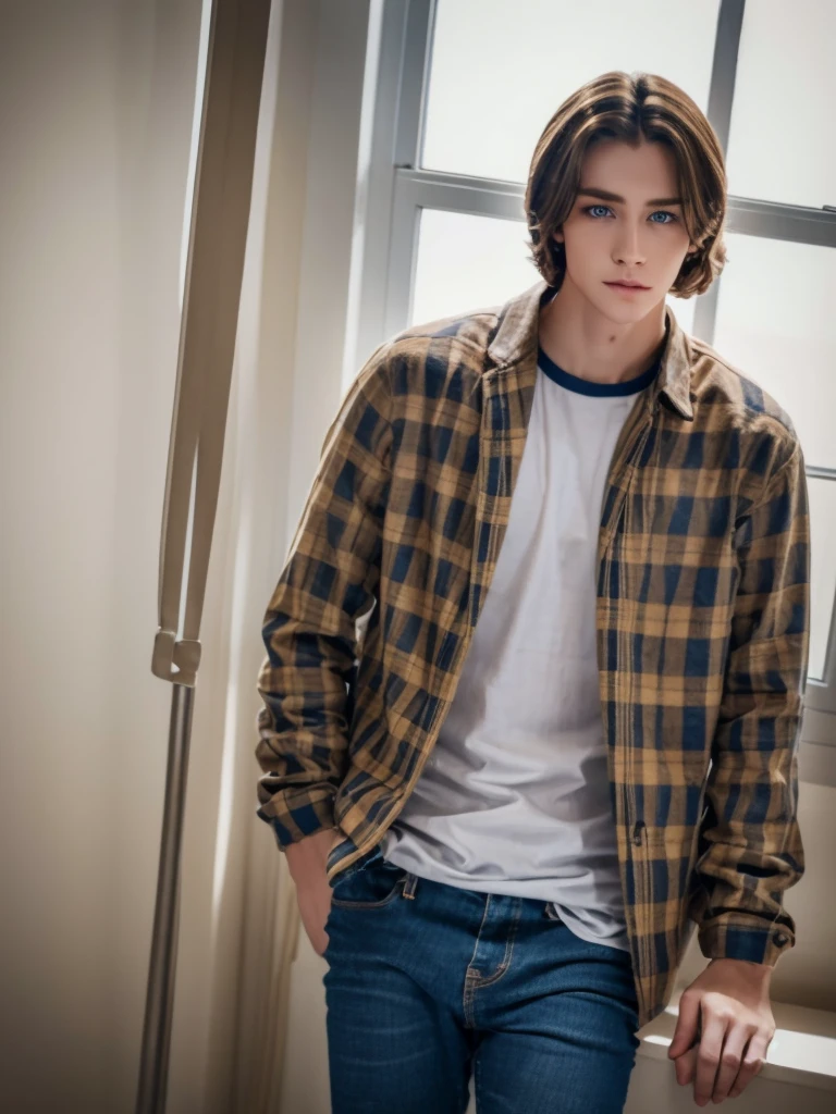 1 boy, beautiful face, brown wavy hair, blue eyes, pale skin, smooth realistic skin,full body, wearing skinny jeans, wearing plaid shirt and t shirt inside ,looks like model, pretty face, looks like 16 years old