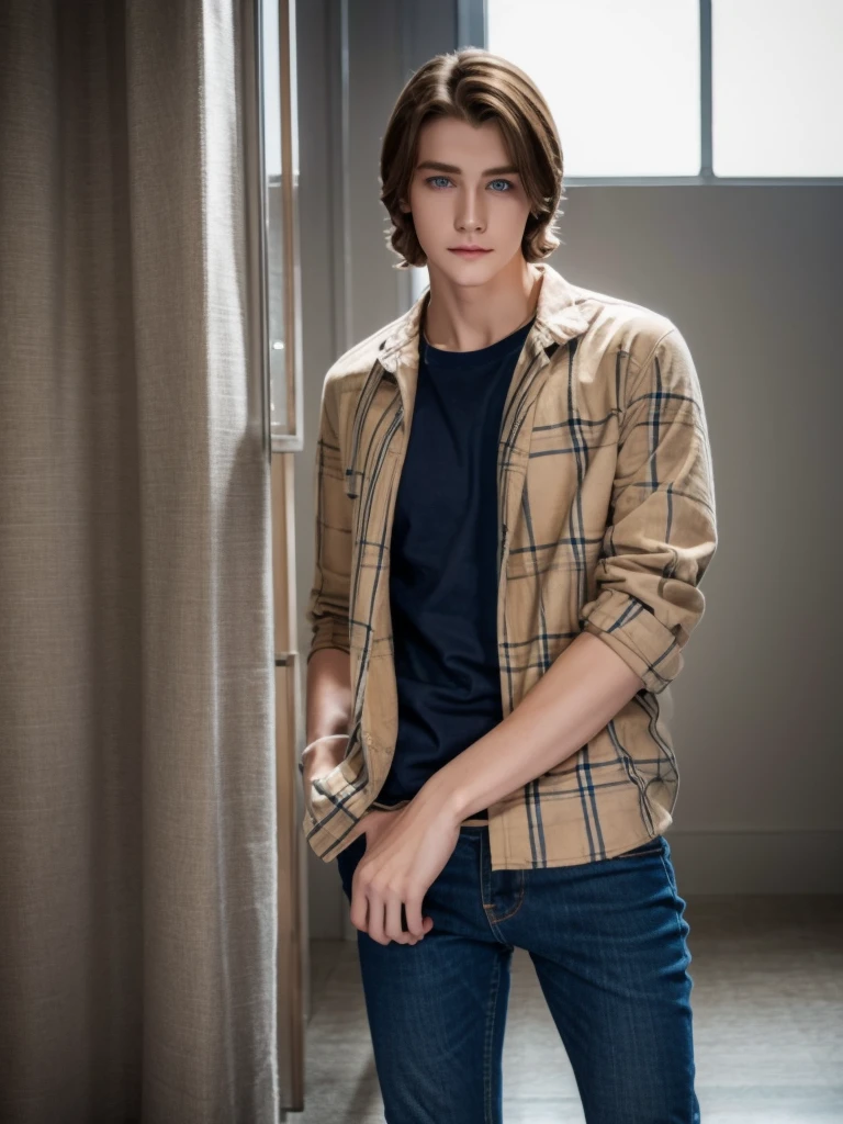 1 boy, beautiful face, brown wavy hair, blue eyes, pale skin, smooth realistic skin,full body, wearing skinny jeans, wearing plaid shirt and t shirt inside ,looks like model, pretty face, looks like 16 years old 