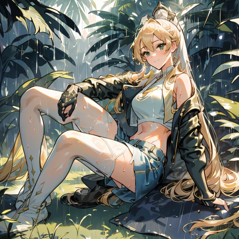 (((professional: Step by Step, taking into account even the smallest detail, God Level Final Result, full body with intricate details, only 1 girl, image: all the intricate details, Masterpiece))): "Quality 3, Wet anime, hyper details, Wet anime 17-years-old white woman with random colored hair Wet hair tied back with a red ribbon Her eyes are the same color as her wet hair, Delgado, clothing white crop top and denim miniskirt, A jungle background under a constant torrential rain that soaked them, Wet Back Posture, showing her beautiful body 92 59 90, flirty face, pedestal invisible,, Film grain, fuji colors, contrast of lights and shadows, textured skin, dynamic pose, realism, sunlight, High contrast, very sexy pose"