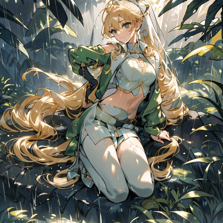 (((professional: Step by Step, taking into account even the smallest detail, God Level Final Result, full body with intricate details, only 1 girl, image: all the intricate details, Masterpiece))): "Quality 3, Wet anime, hyper details, Wet anime 17-years-old white woman with random colored hair Wet hair tied back with a red ribbon Her eyes are the same color as her wet hair, Delgado, clothing white crop top and denim miniskirt, A jungle background under a constant torrential rain that soaked them, Wet Back Posture, showing her beautiful body 92 59 90, flirty face, pedestal invisible,, Film grain, fuji colors, contrast of lights and shadows, textured skin, dynamic pose, realism, sunlight, High contrast, very sexy pose"