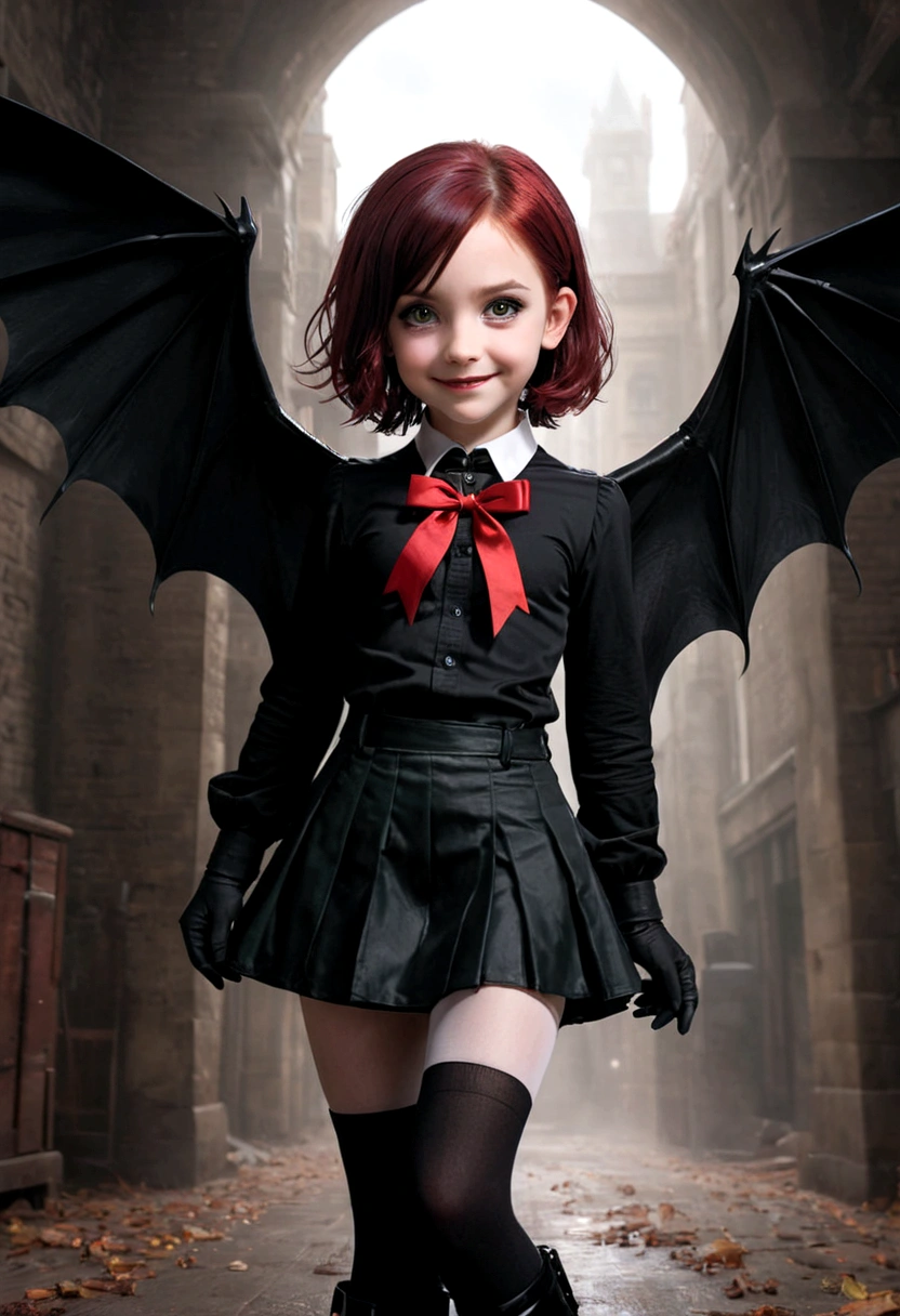 a young  daughter of severus snape, Colorful , masutepiece, Best Quality, 1girl in, , Dark red hair, short hair, Evil Female Executive, Goth Lolita Cosa miniskirt, White stockings, Large red ribbon, a choker, White inner, black clothes, Sadistic smile, mile, black boots, bat wings, , from below, looking at viewer, hairs between eyes, dark green eyes, shiny eyes, open mouth, teeth, fang, hand on own chest,