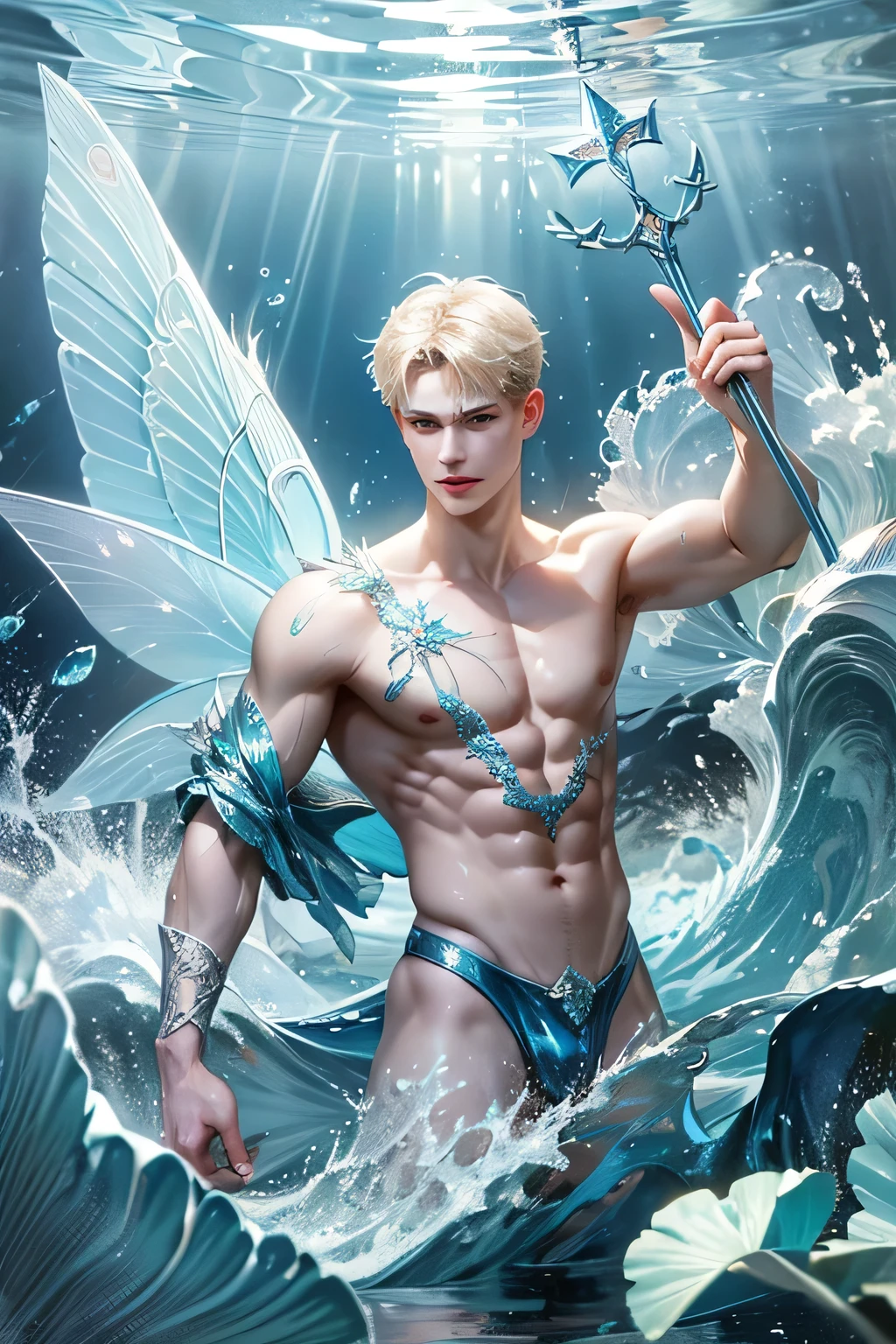 "Craft a captivating digital illustration featuring a handsome male fairy adorned with magnificent, iridescent wings reminiscent of glistening water droplets. Highlight his command over the element of water with cascading waves and gentle ripples flowing around him, evoking a sense of serene power. Incorporate a distinct water fairy symbol, holding an mystic ancient trident water staff, emblazoned upon him, symbolizing his connection to the watery depths and mastery over aquatic forces."