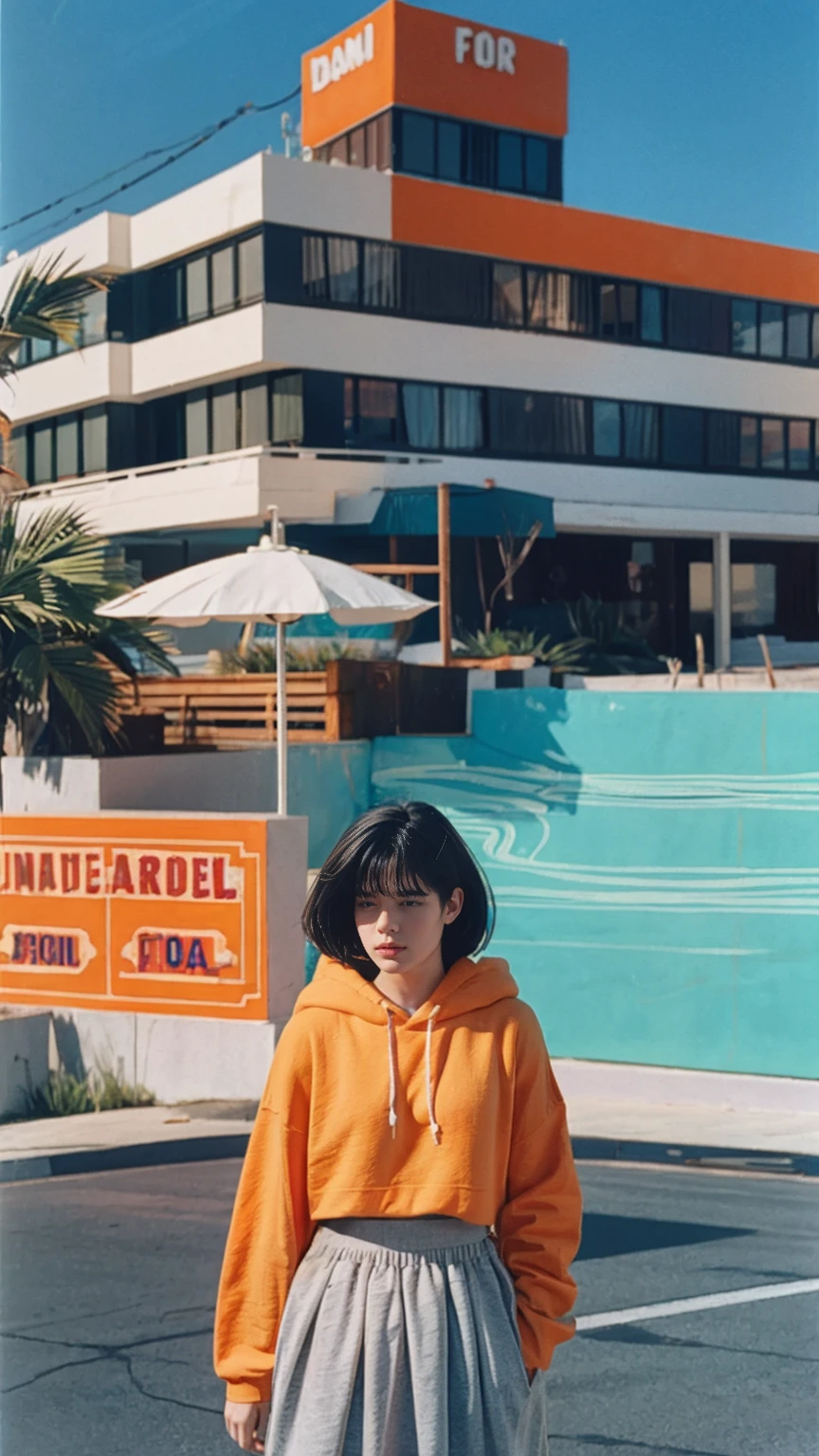 portrait of a 23 yo girl, (perfect natural breast) ,wear ((orange color oversized hoodie)), wear ((purple tennis skirt)),looking front,Best Quality,Masterpiece,Ultra High Resolution,(Realisticity:1.4),Original Photo, 1Girl, light leak,ultra high resolution,UHD,beautiful, (black bob hair), almond eye, no makeup, in front of (80's mondrian architecture motel), (realistic:1.2), (surreal:1.3), (very detailed:1.1), ((masterpiece)),summer, blue sky, palm trees,sunny, los angles vibes,film camera, 800mm lens,style of Philip Lorca diCorcia