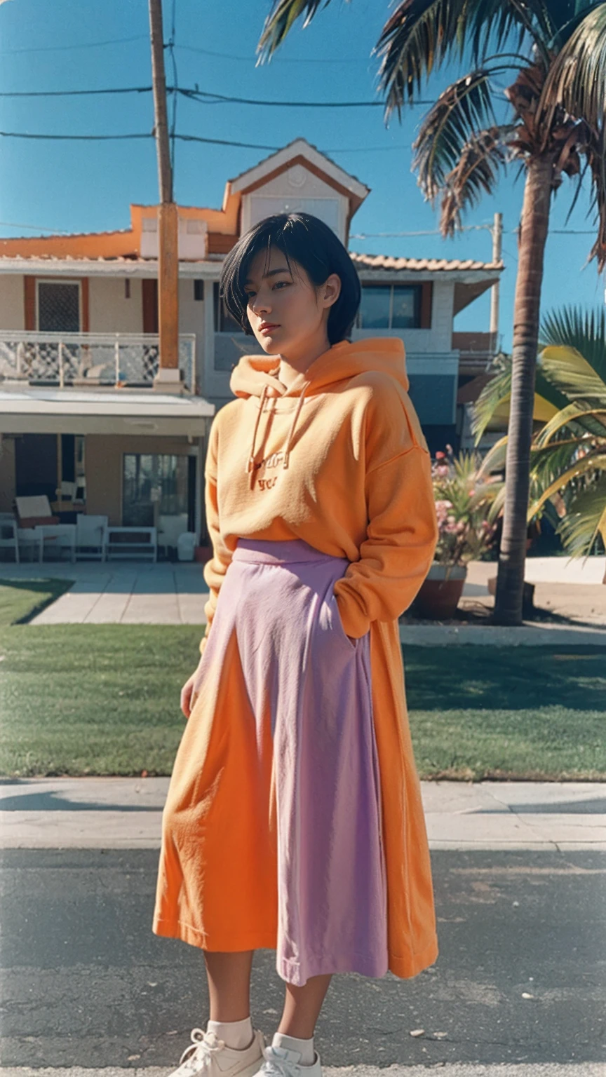 portrait of a 23 yo girl, (perfect natural breast) ,wear ((orange color oversized hoodie)), wear ((purple tennis skirt)),looking front,Best Quality,Masterpiece,Ultra High Resolution,(Realisticity:1.4),Original Photo, 1Girl, light leak,ultra high resolution,UHD,beautiful, (black bob hair), almond eye, no makeup, in front of (80's mondrian architecture motel), (realistic:1.2), (surreal:1.3), (very detailed:1.1), ((masterpiece)),summer, blue sky, palm trees,sunny, los angles vibes,film camera, 800mm lens,style of Philip Lorca diCorcia