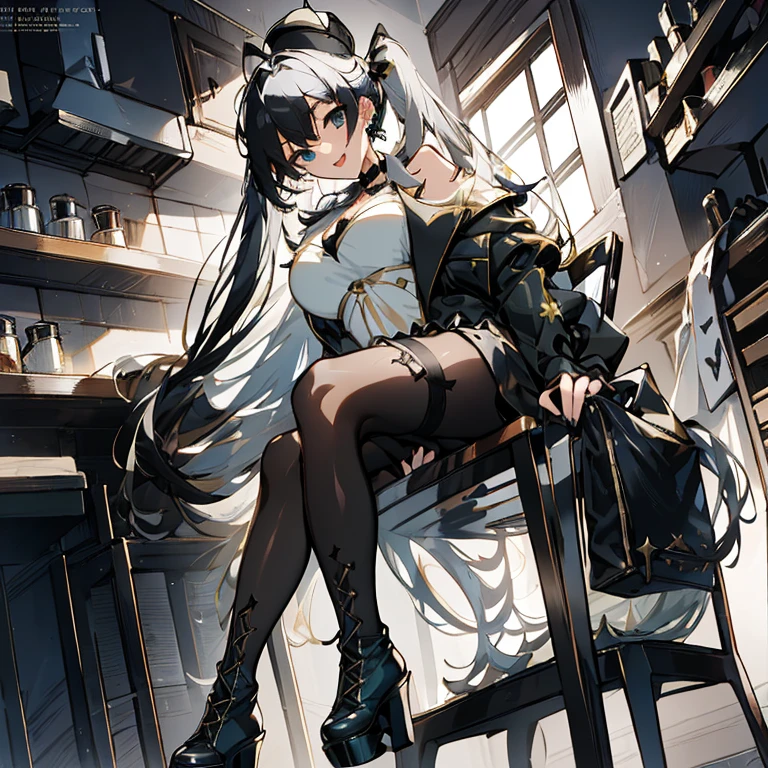 (from below:1.2),(Beautiful Allafed Woman),(((emphasizing breasts:1.0))),(Dynamic angles),(Dynamic and sexy bending pose:1.3),(sit a chair:1.3),(masterpiece:1.2), (Military uniform magazine cover:1.4),best quality,PIXIV,Sweet girl , sexy posture,1girl, (perky chest:1.2), rolling upskirt by wind:1.6, (with sparkling eyes and a contagious smile),open mouth, (pointed chest:1.2),fishnets, black hair, boots, long hair, black nails, skirt, shirt, solo, black footwear, bag, black skirt, jewelry, sitting, jacket, on head, black jacket, thigh strap, bangs, necktie, earrings, nail polish, white shirt, fishnet pantyhose, pantyhose, platform footwear, multicolored hair, looking at viewer, full body, bottle, own hands together, belt, jacket on shoulders, food, animal on head, black necktie, ring, choker, english text, collared shirt, blue eyes, platform boots, hat, cross-laced footwear, lace-up boots ,A scene of cooking in the kitchen