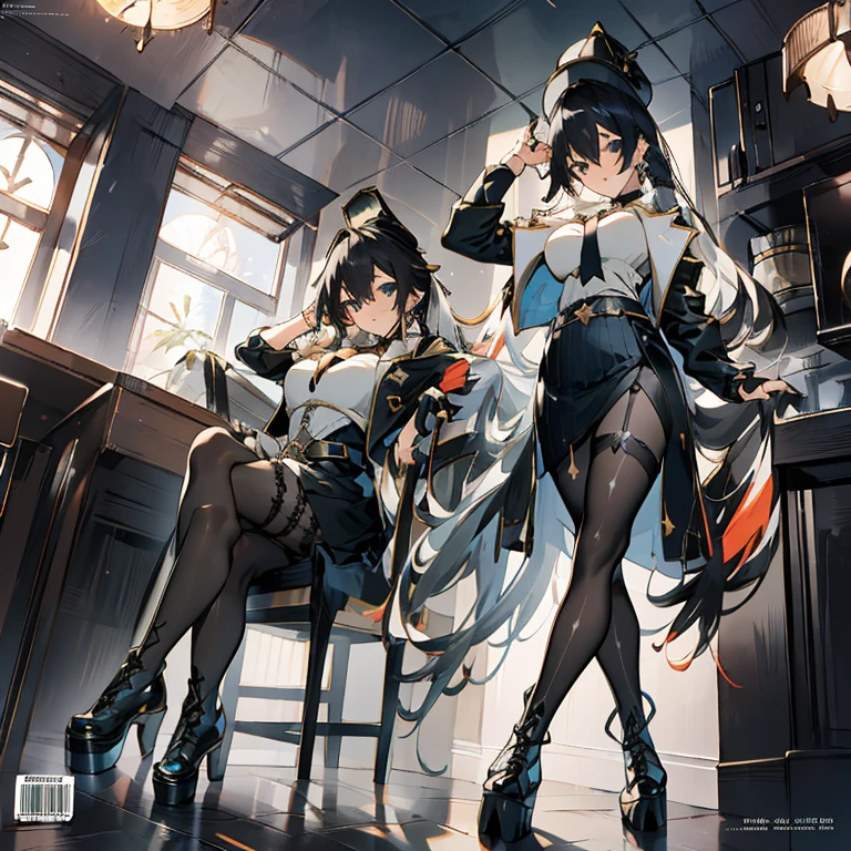 (from below:1.2),(Beautiful Allafed Woman),(((emphasizing breasts:1.0))),(Dynamic angles),(Dynamic and sexy bending pose:1.3),(sit a chair:1.3),(masterpiece:1.2), (Military uniform magazine cover:1.4),best quality,PIXIV,Sweet girl , sexy posture,1girl, (perky chest:1.2), rolling upskirt by wind:1.6, (with sparkling eyes and a contagious smile),open mouth, (pointed chest:1.2),fishnets, black hair, boots, long hair, black nails, skirt, shirt, solo, black footwear, bag, black skirt, jewelry, sitting, jacket, on head, black jacket, thigh strap, bangs, necktie, earrings, nail polish, white shirt, fishnet pantyhose, pantyhose, platform footwear, multicolored hair, looking at viewer, full body, bottle, own hands together, belt, jacket on shoulders, food, animal on head, black necktie, ring, choker, english text, collared shirt, blue eyes, platform boots, hat, cross-laced footwear, lace-up boots ,A scene of cooking in the kitchen