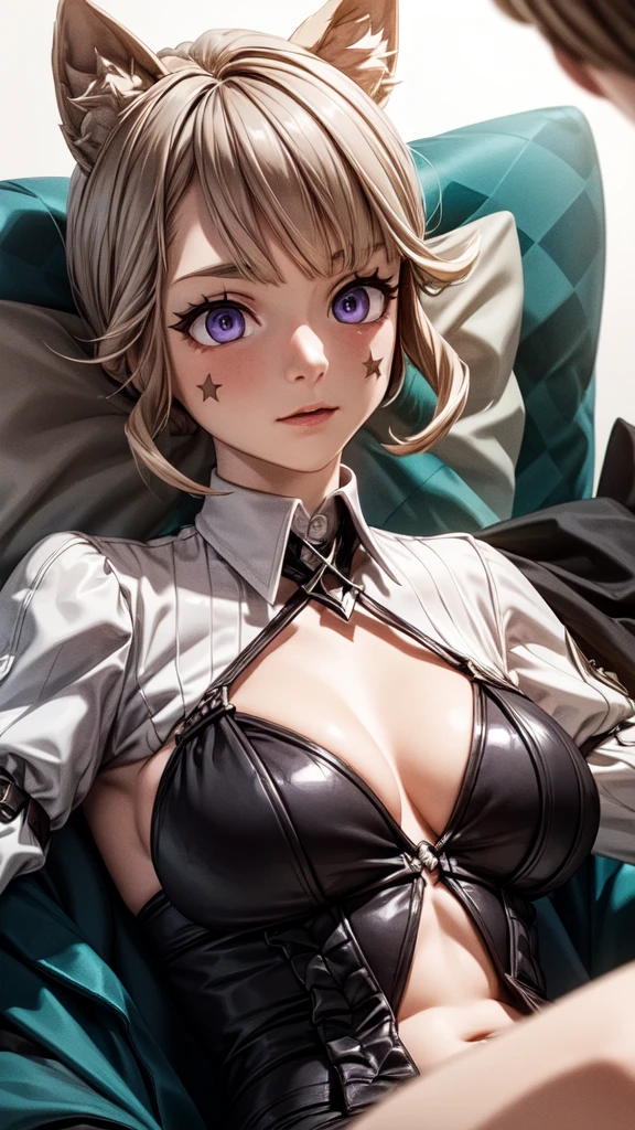 lynette, small animal ear fluff, small animal ears, small cat ears, facial mark, hair bow, (purple eyes:1.1, brown hair, star, star on cheek),body 3:4,
Huge Cleavage,
BREAK big breast,
BREAK distracted face, lying down on back,
BREAK (masterpiece:1.2), best quality, high resolution, unity 8k wallpaper, (illustration:0.8), (beautiful detailed eyes:1.6), extremely detailed face, perfect lighting, extremely detailed CG, (perfect hands, perfect anatomy),