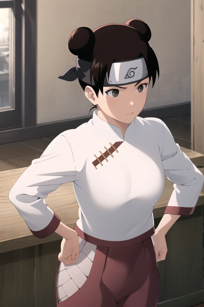 masterpiece, absurdres , (intricate details), (colorful),cinematic lighting,bust shot,extremely detailed CG unity 8k wallpaper,tenten\(shippuden\), 1girl, solo, hakama pants,white shirt, medium breasts, hand on hip,forehead protector, konohagakure symbol, headband, indoors, bedroom, desk, leaning on desk, hands on desk, naked, big breasts, vagina, bottomless, topless, sex, fucking