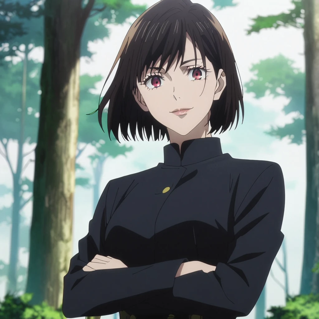 1girl, anime screencap from jujutsu kaisen, solo, very long_hair, ((smooth texture hair)) purple eyes, ((short_hair, black_hair, short_hair, elegant hairstyle, red_eye)), breasts, upper_body, smile, forest background, black_eyes, lips, (( medium_hair, black_hair, medium_hair, elegant hairstyle,red_eye)) wearing black color clothes, breast, "very detailed and high resolution" (red eyes) ((cross arms)) ((smooth texture hair)) ((solo)) ((high resolution)) (Good quality)