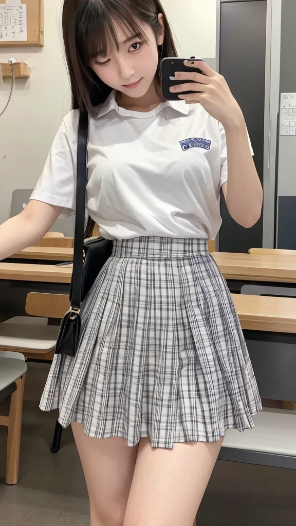 Japanese、18-year-old、high school girl、White shirt、Grey and white checked mini skirt、Thick thighs