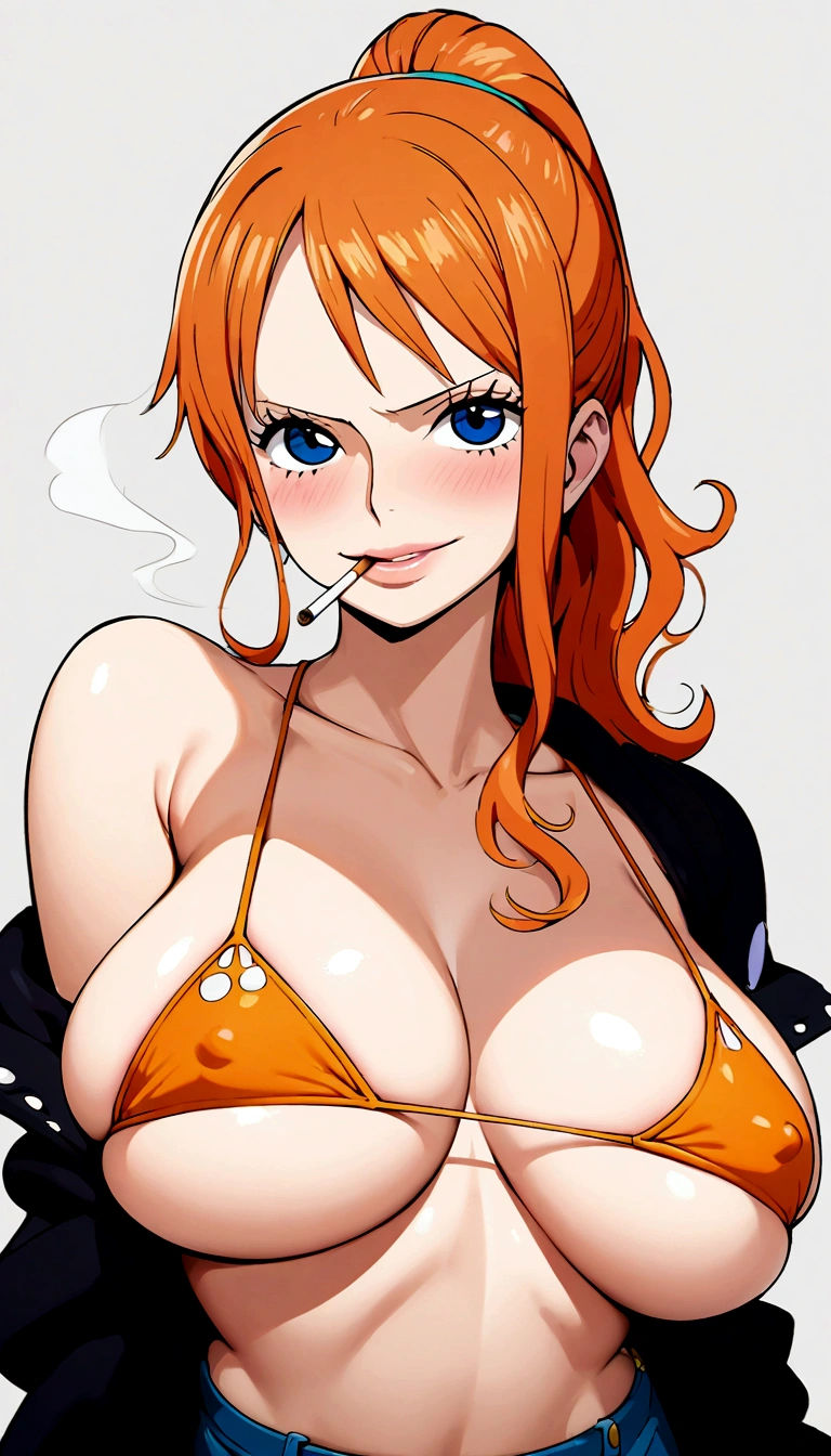 a cartoon picture of a woman in a bikini top and jeans, nami one piece, nami from one piece, nami, beautiful portrait of nami, from one piece, oppai, blue eyes, smoking, ponytail, nsfw