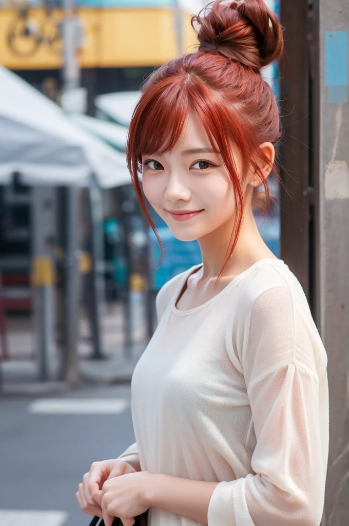 Top quality, 1 beautiful woman, (Bun Hair:1.3), red hair, wearing Camisole, shy-smile, upper body, at street
