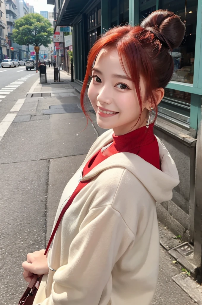 Top quality, 1 beautiful woman, (Bun Hair:1.3), red hair, wearing Camisole, shy-smile, upper body, at street