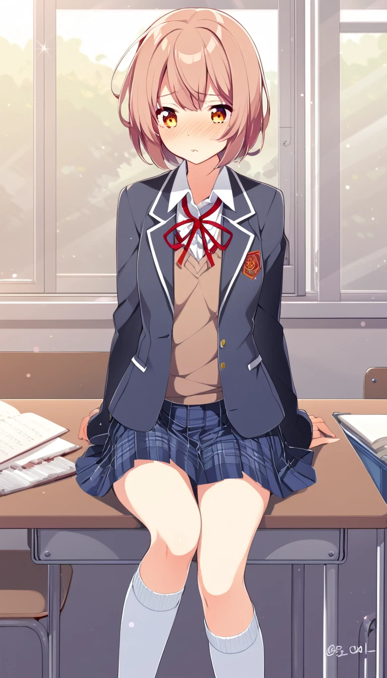 one girl, school blazer, plaid skirt, cute, depression