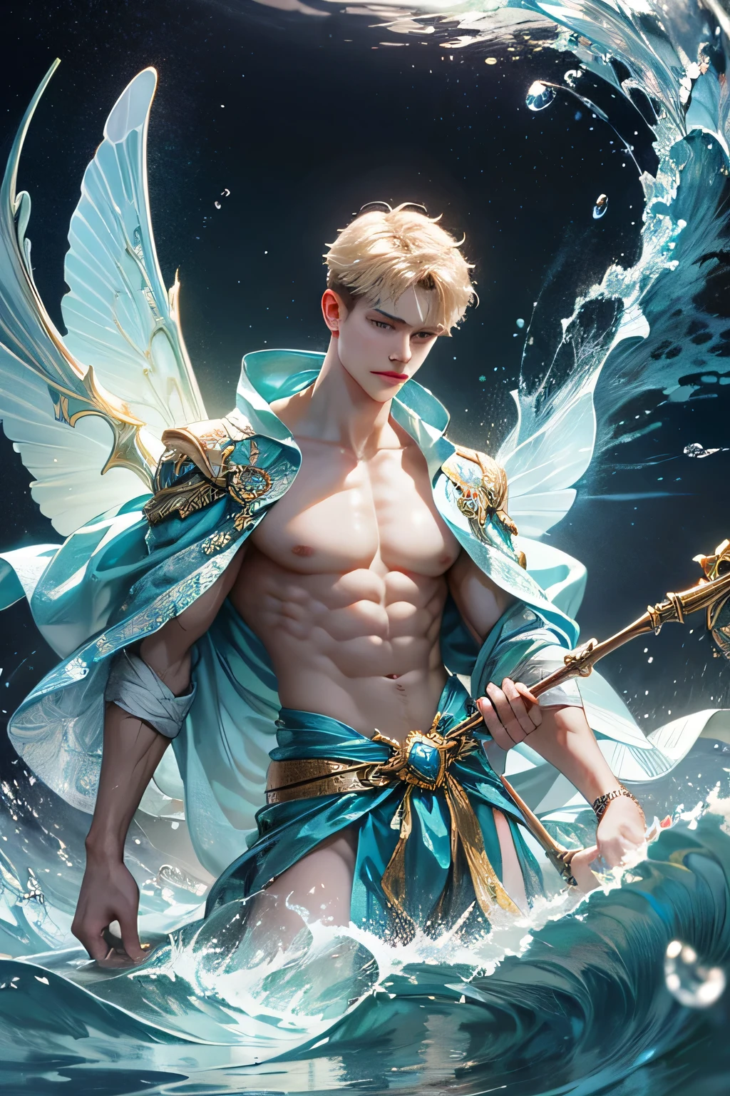 "Craft a captivating digital illustration featuring a handsome male fairy adorned with magnificent, iridescent wings reminiscent of glistening water droplets. Highlight his command over the element of water with cascading waves and gentle ripples flowing around him, evoking a sense of serene power. Incorporate a distinct water fairy symbol, holding an mystic ancient trident water staff, emblazoned upon him, symbolizing his connection to the watery depths and mastery over aquatic forces."