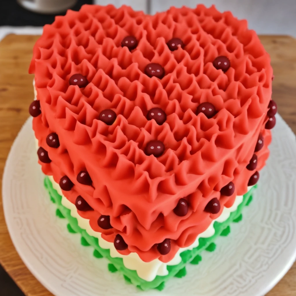 on a wooden table, a cream cake in the form of a heart, the lower part of the cake is made of green cream stars, a cream layers red white green, made of polymer clay, window light, bright lights, soft light, window light, professional lighting, light from the window, neat light, realistic texture, realistic style, detailed texture, high quality, high resolution, high quality rendering, realistic photo, brightning light, macro photo