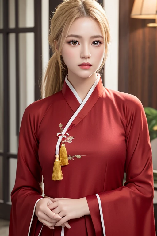 High quality, best quality, photo-realistic, Raw-photo, realistic, ultra realistic 8k cg, very detailed, high definition, Masterpiece, 1 girl, American Girl, Slender face, long hair, blonde hair, Ponytail , red eyes, Face and eye details, Top half, Hand in hand., Cold expression, posture of authority, complicated details, big breasts, Fine texture, exquisite details, red dress, black tassel dress, Chinese Traditional Hanfu,