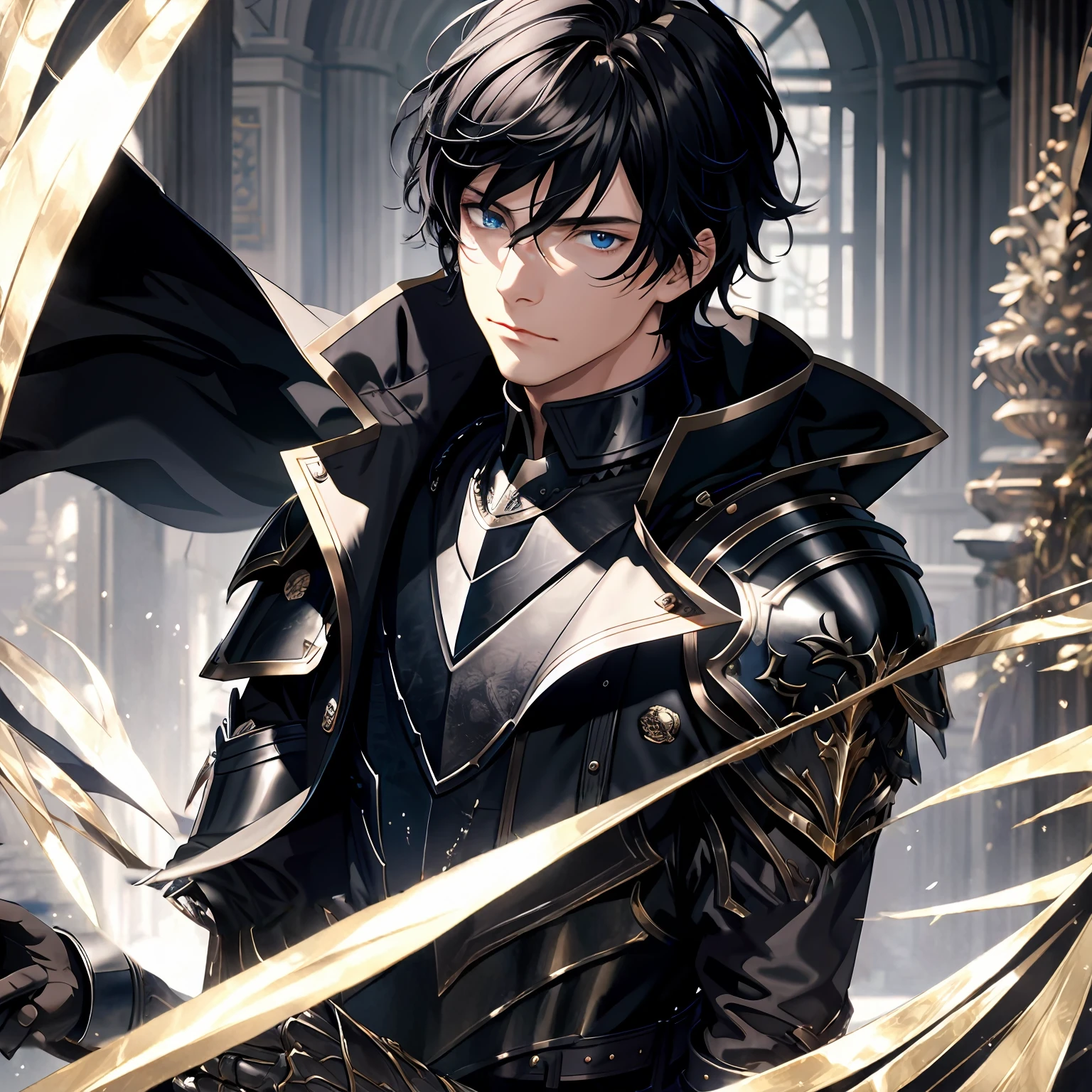 masterpiece, best quality, 1man, adult, male focus, solo, medium hair, black hair,, looking at viewer, cape, High quality metal texture, overcoat, closed mouth, upper body, bangs, high collar,(kbxll:0.6), Fantasy aesthetics, Highly detailed, shadowverse style, armored gloves, metallic gloves, black armor
